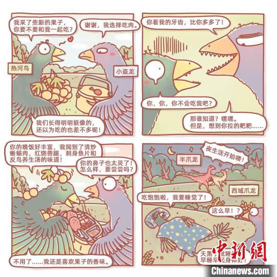 根據(jù)此次熱河鳥研究成果繪制的漫畫(燁子/繪)。　中科院古脊椎所 供圖