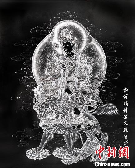 圖為朱增平創(chuàng)作的鍥金畫《敦煌榆林窟文殊菩薩》。(資料圖) 受訪者供圖
