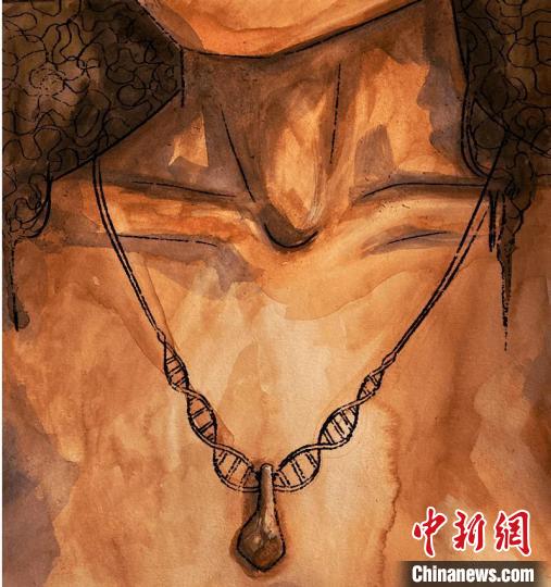墜飾藝術(shù)再現(xiàn)圖，圖中吊墜繩為DNA螺旋樣式(圖片作者M(jìn)yrthe Lucas)?！∈┢樟指瘛ぷ匀?供圖