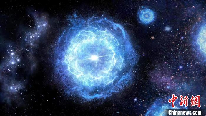 第一代超大質(zhì)量恒星演化成為“對(duì)不穩(wěn)定超新星”的藝術(shù)展示圖?！≈锌圃簢姨煳呐_(tái) 供圖
