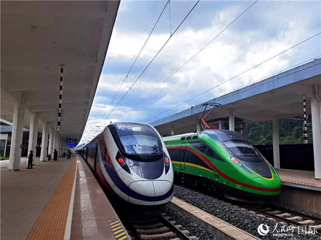 “復(fù)興號”和“瀾滄號”國際旅客列車?？吭诶蠐肽ザ≌尽Ｈ嗣窬W(wǎng) 杜明明攝