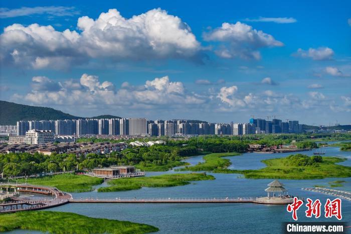 資料圖：航拍蘇州太湖湖濱國家濕地公園，藍天碧水生態(tài)美。 泱波 攝