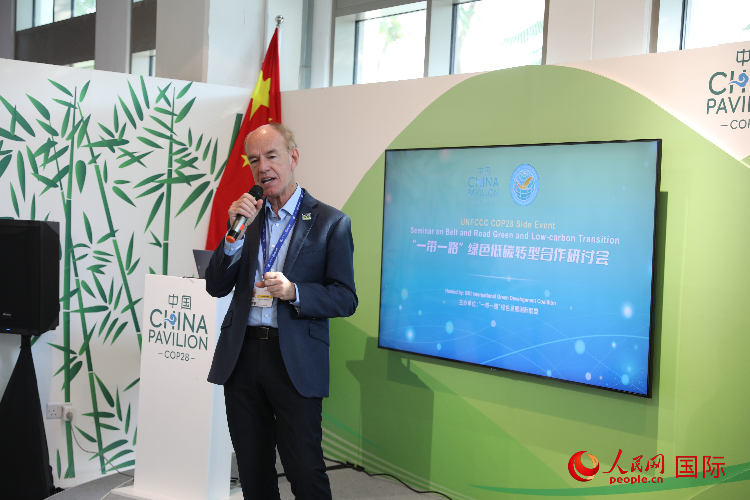 綠色聯(lián)盟聯(lián)合主席、世界自然基金會國際特使蘭博蒂尼在“一帶一路”綠色低碳轉(zhuǎn)型合作研討會上發(fā)言。人民網(wǎng)記者 張志文攝