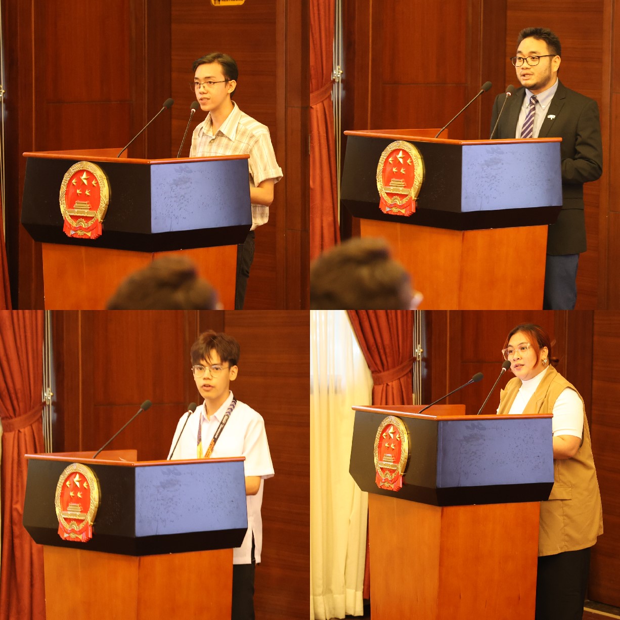 菲律賓大學(xué)、菲律賓師范大學(xué)的4位學(xué)生和校友代表現(xiàn)場(chǎng)發(fā)言向中方表示感謝并分享體會(huì)。駐菲律賓使館 供圖