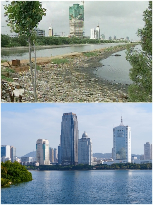 上圖：筼筜湖治理前資料圖。下圖：筼筜湖如今的美麗風(fēng)光。人民網(wǎng)記者 吳超嵐攝