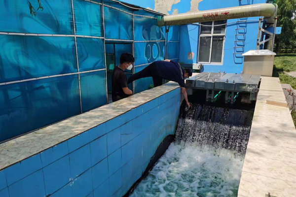邯鄲市雞澤縣藍(lán)天污水處理廠員工正在出水口進(jìn)行水質(zhì)檢測。鄭佳欣攝