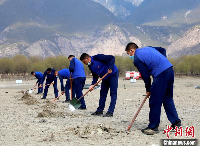 林芝市巴宜區(qū)森林消防中隊志愿服務(wù)隊正在揮鍬鏟土?！∥骼@拉翁 攝