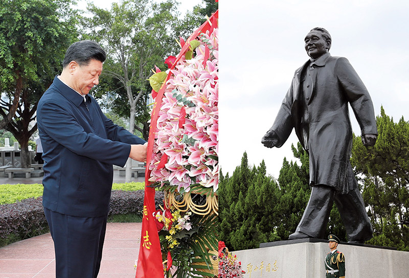 2020年10月14日，習(xí)近平總書記向深圳蓮花山公園鄧小平同志銅像敬獻(xiàn)花籃。