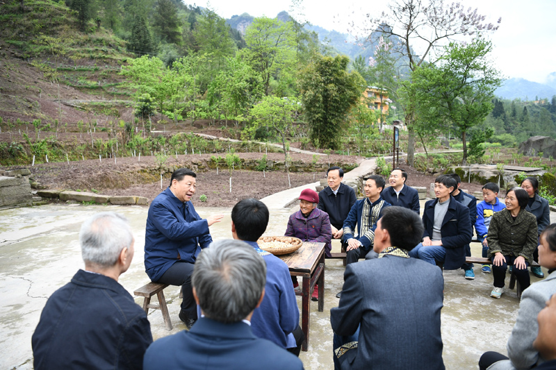 2019年4月15日至17日，中共中央總書記、國(guó)家主席、中央軍委主席習(xí)近平在重慶考察，并主持召開解決“兩不愁三保障”突出問(wèn)題座談會(huì)。這是4月15日下午，習(xí)近平在石柱土家族自治縣中益鄉(xiāng)華溪村同村民代表、基層干部、扶貧干部、鄉(xiāng)村醫(yī)生等圍坐在一起，共話脫貧攻堅(jiān)。新華社記者 謝環(huán)馳 攝