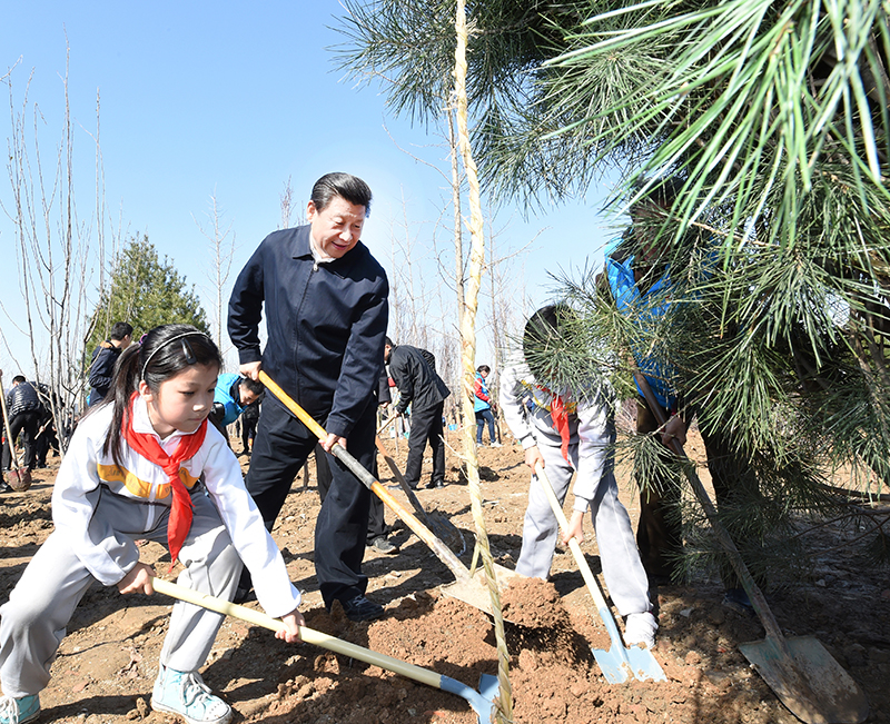 2015年4月3日，習(xí)近平總書(shū)記同大家一起植樹(shù)。