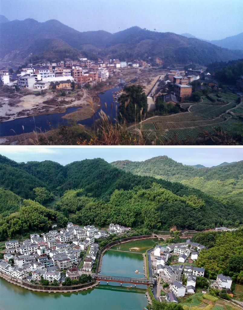 圖為浙江省杭州市淳安縣楓樹嶺鎮(zhèn)下姜村拼版圖，其中上圖為資料照片、下圖由新華社記者張鋮攝。