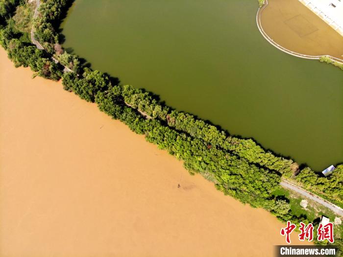 圖為2020年9月3日航拍黃河蘭州段濕地公園現(xiàn)黃河“鴛鴦鍋”。(資料圖) 高瑩 攝